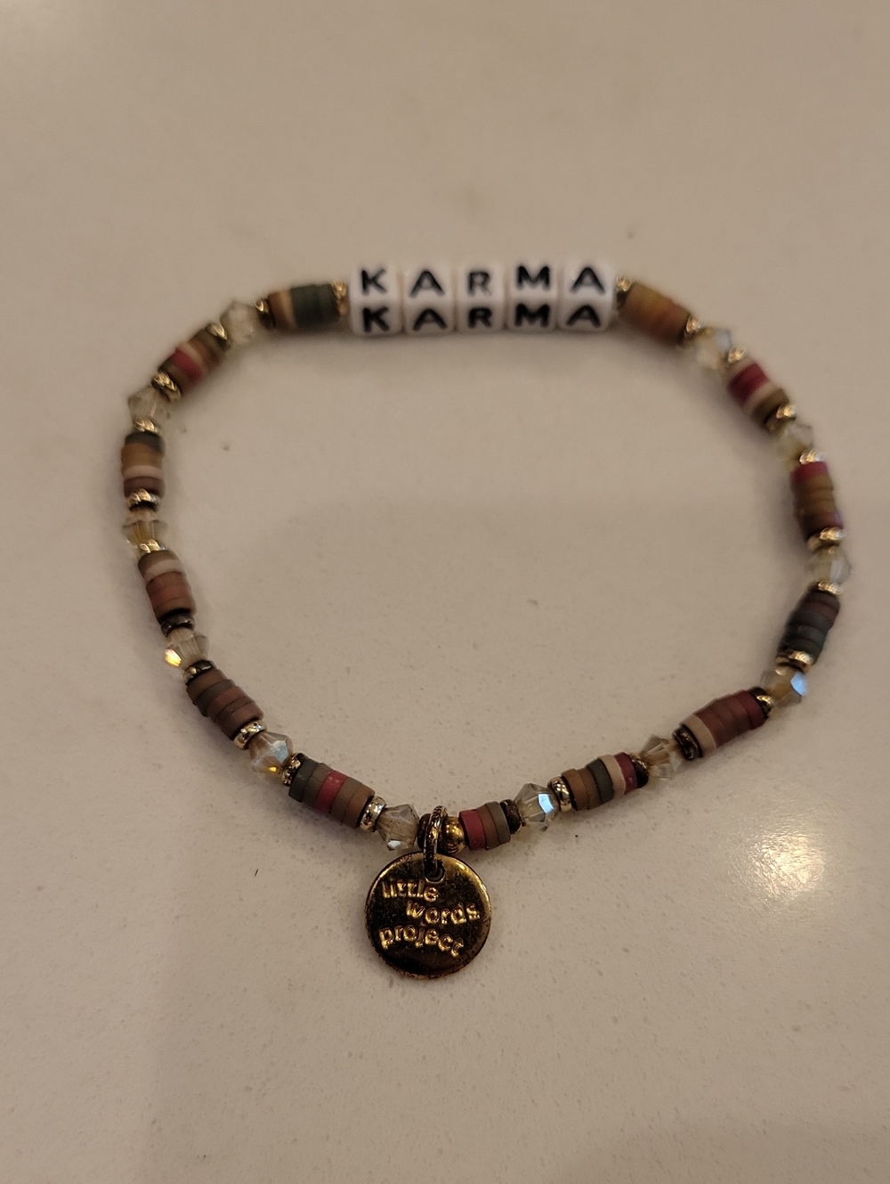 Karma Multicolor Earth-Tone Disc Bead Bracelet with Gold Charm